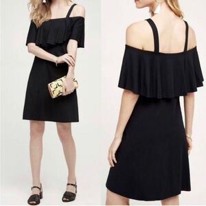 Anthropologie Maeve Black Rory Cold Shoulder Ruffle Mini Shift Dress- Size S